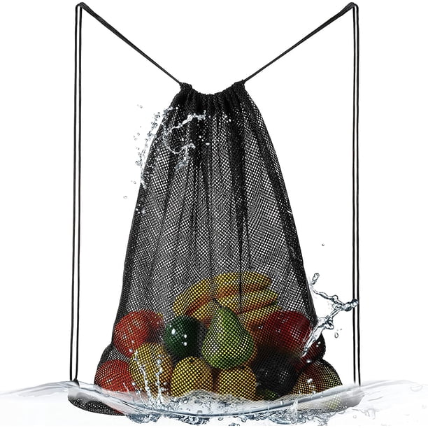 Bolsa de red con cordón para equipo de pelota, extragrande, para entrenamiento, fútbol, baloncesto, buceo (negra).