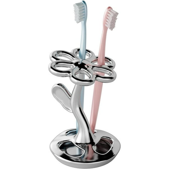 Toothbrush Holder Stand, Floral Shape Ceramic Toothbrush Organizer with Base 6 Holes Makeup Brush Holder, Toothbrush Storage Stand - Silver