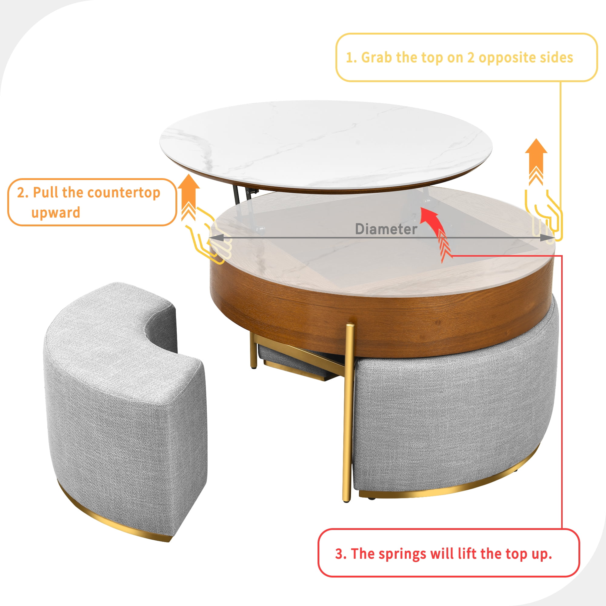 Uforic Round Lift-Top Coffee Table with Storage & 3 Stools, Faux Marble Center Table for Living Room