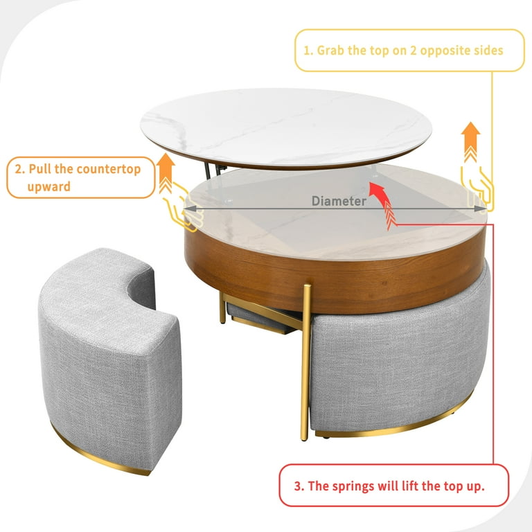 Lift Top Round Coffee Table with Storage Compartment 3 Stools Pop Up Stone Tabletop Rising Top Modern Coffee Table Set for Living Room Apartment, Size