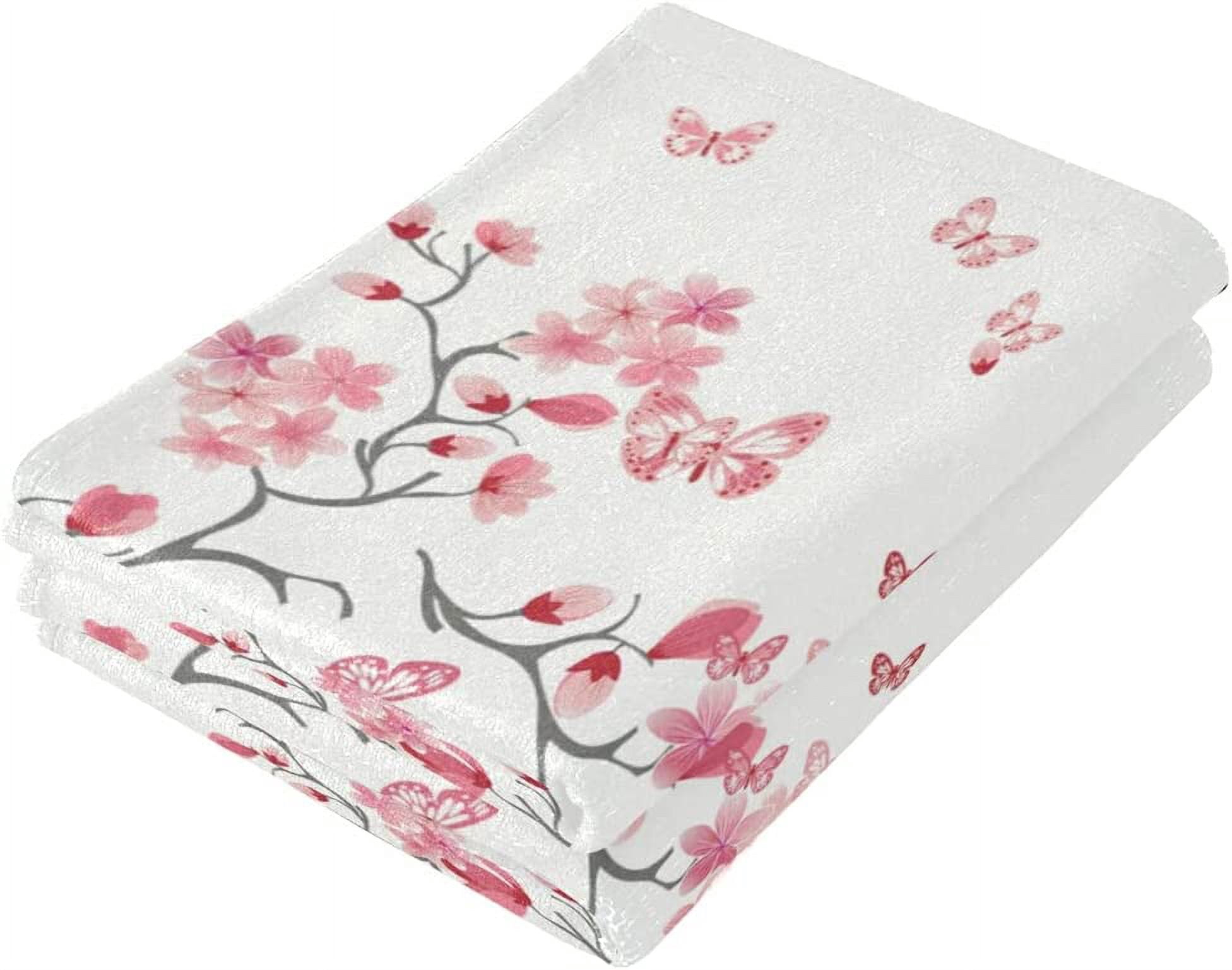 Cherry Blossom Hand Towel Set of 2 Absorbent Pink Butterfly Floral Bath Towels Soft Cherry Blossoms Flower Fingertip Face Towel for Bathroom Kitchen Hotel Spa Decor Gift 28.3x14.4 Inch