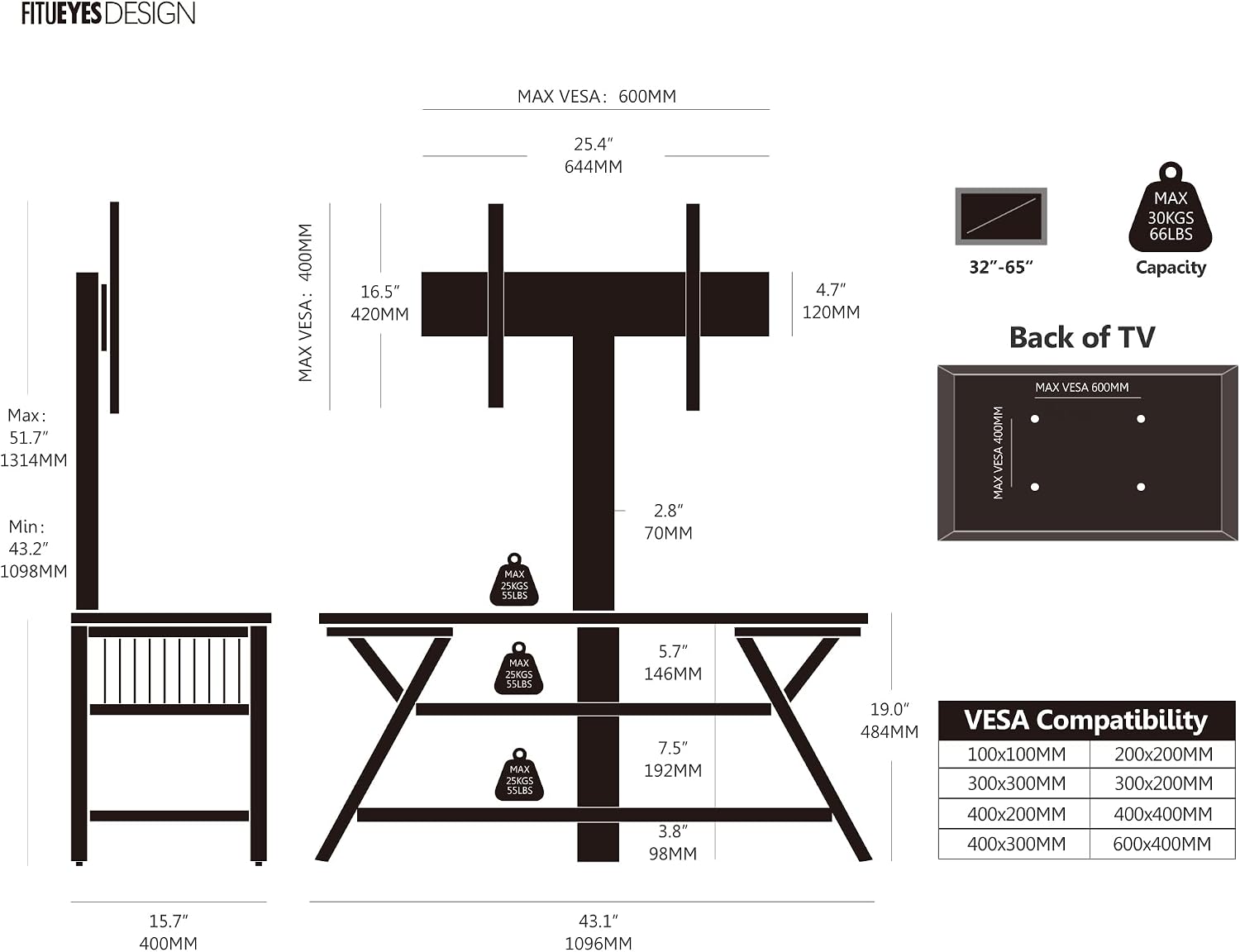 FITUEYES TV Stand with Mount for 32–65 Inch TVs, White, Swivel Mount, Height Adjustable