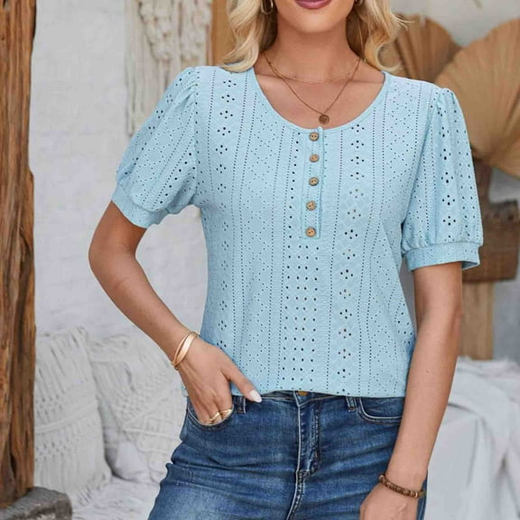 iHengLiXing Clearance Spring Tops for Womens Dressy Casual Women's Casual Round Neck Sleeve Patchwork Solid Color Loose T-Shirt Top Blue S