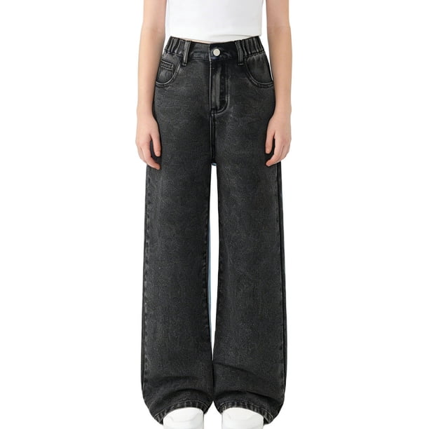 Pantalones vaqueros largos para niño/niña, de color liso, largos, holgados, de cintura alta, rectos, anchos, casuales, para adolescentes y niñas.
