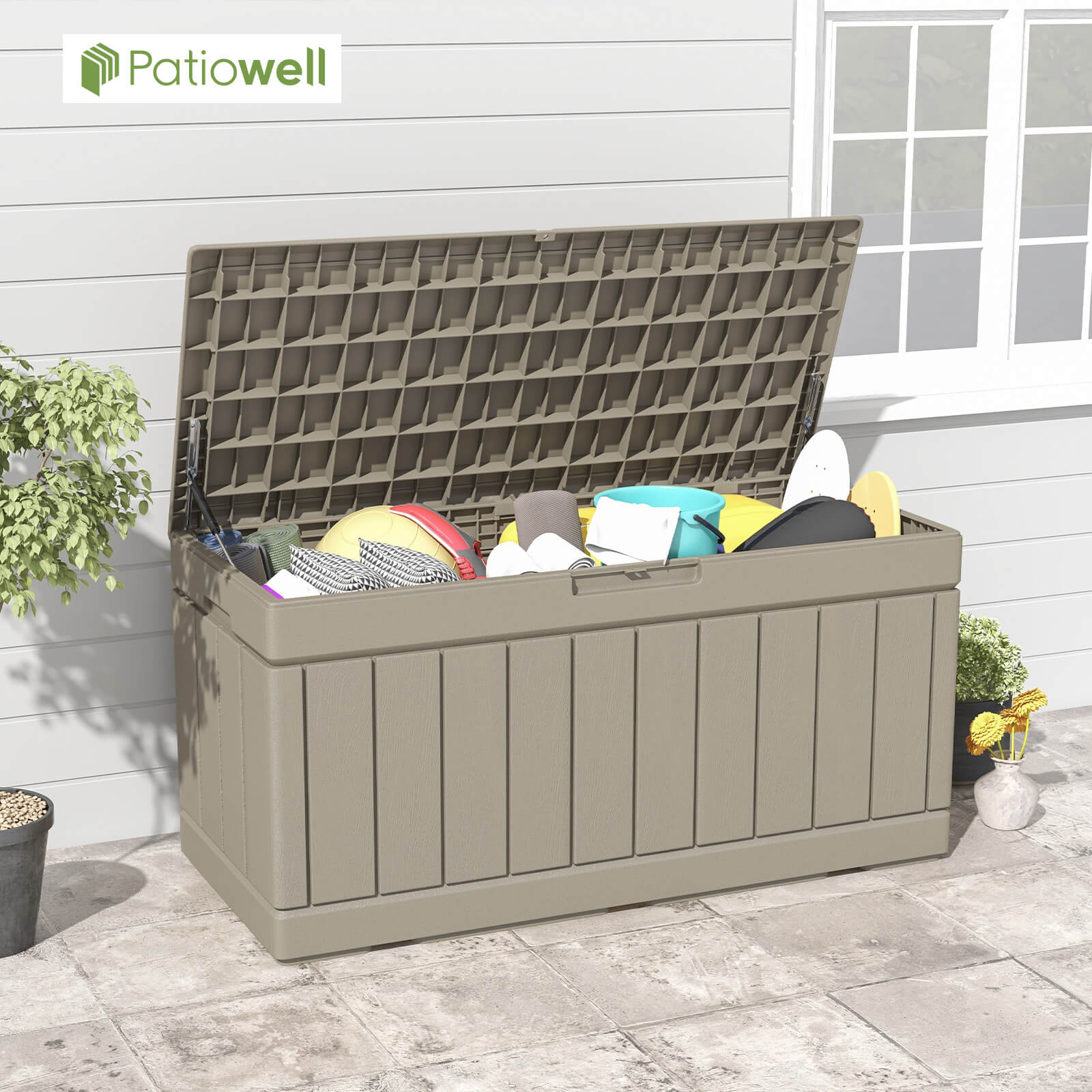 Patiowell 82 Gallon Deck Box Outdoor Storage Resin Wood Look Storage ...