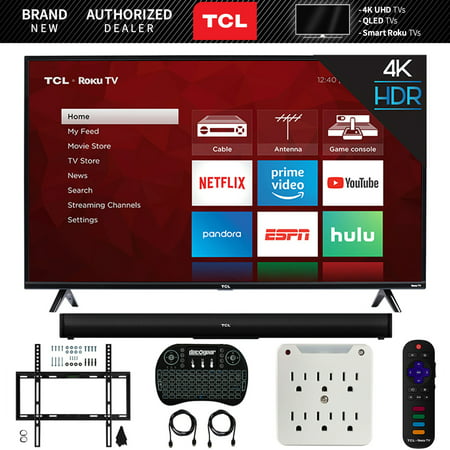 TCL 55S425 55-inch 4-series 4K UHD Roku Smart TV (2019) Bundle with TCL Alto 5 TS5000 2.0 Channel Sound Bar, Wireless Keyboard, Deco Mount Wall Mount Kit and 6-Outlet Surge Adapter with Night (Best Usb Wifi Adapter 2019)