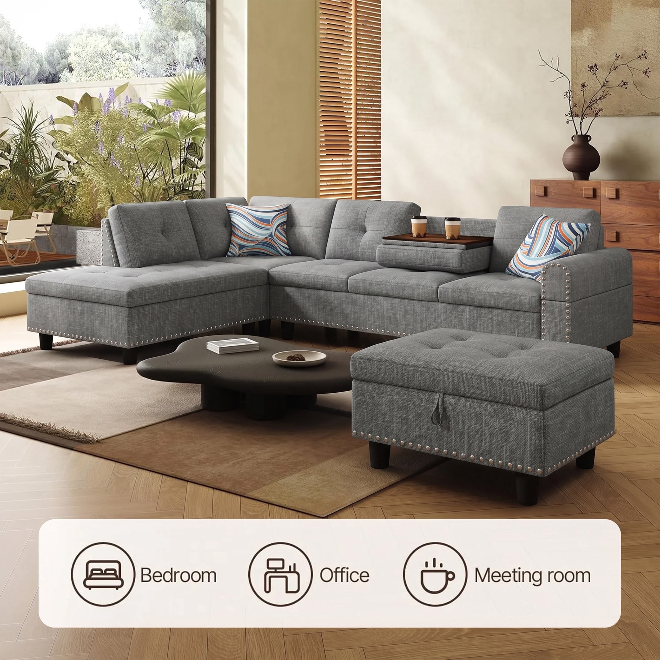 AENKYO 98" L-Shaped Sectional Sofa with Reversible Chaise, Storage Ottoman & Cup Holders, Linen, Gray