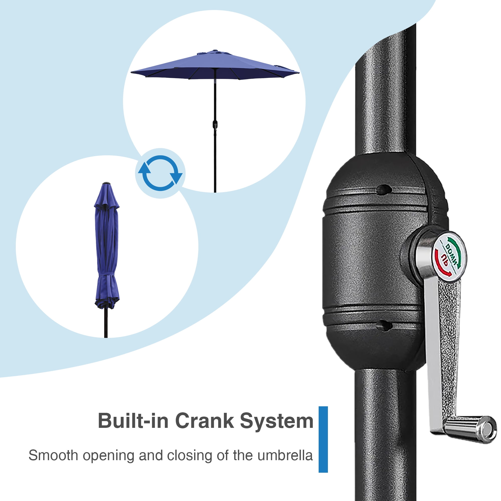 Abble Outdoor 9ft Patio Umbrella with Crank Handle and Push Button Tilt, Outdoor Market Umbrella with 8 Ribs for Garden, Deck, Backyard, Pool, Navy Blue