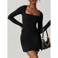 thumbnail image 5 of FEORJGP Women Sexy Slim Mini Dress Spring Summer Short Dress Long Sleeve Short Evening Dress Square Neck Dating Dress Solid Color Split Hem Party Dress for Holiday Daily Party, 5 of 7