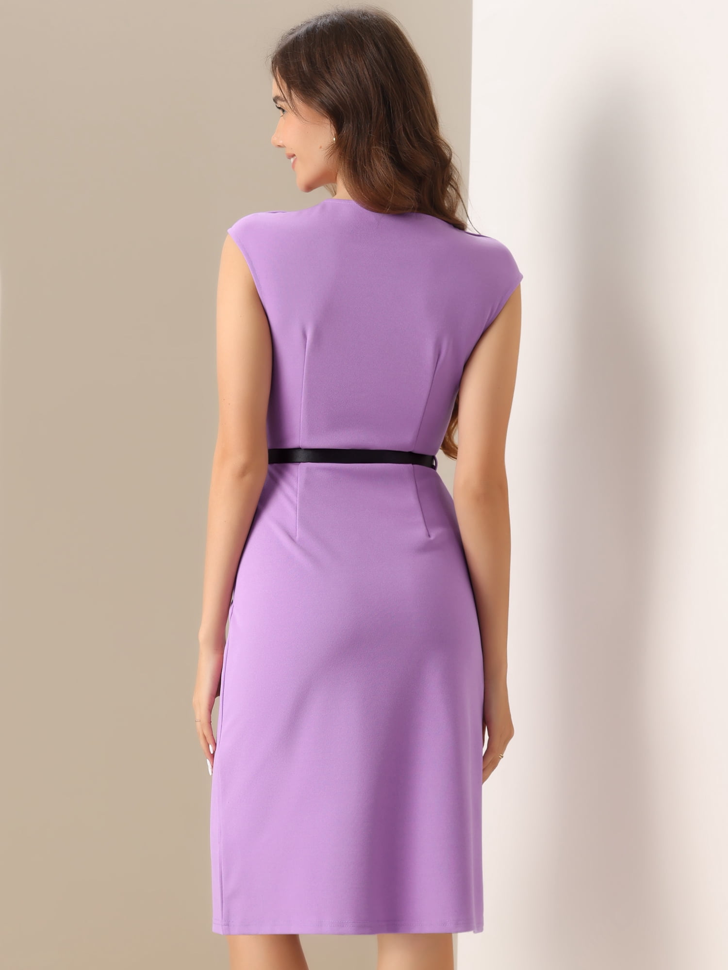 DARING DIVA Elegant Round Neck Cap Sleeve Belted Work Sheath Dresses XS Lavender