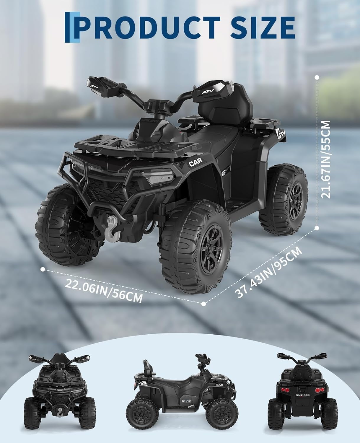 Rugerasy 12V 4 Wheeler ATV,Ride on Eletric Motorcycle, 2-Seater Electric Vehicle Toy Car with High&Low Speed, Music, Led Lights for 3-8 Years,Black