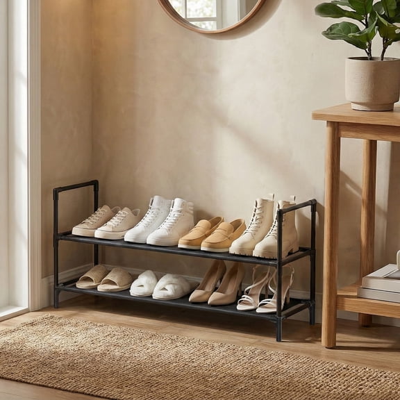 LEDREM 2-Tier Slim Shoe Rack, Space Saving Metal Frame Shoe Organizer with Non-Woven Fabric Shelves for Hallway and Closet, Black