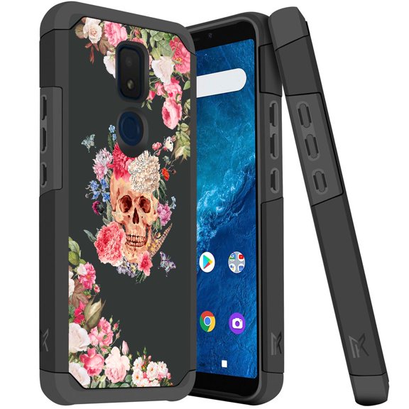 ANJ  Slim Dual Layer Hybrid Shockproof Case   Tempered Glass Cover for Cricket Icon 3, Splendor, AT&T Motivate 2 - Floral Skull