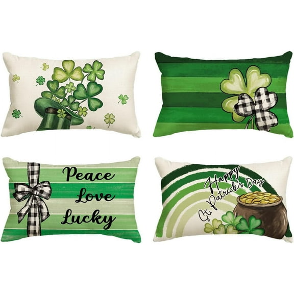 Happy ST Patricks Day Lucky Charm Blessed Hat Clover Stripes Throw Pillow Covers, 20 x 12 Inch Buffalo Plaid Bow Shamrocks Decoration for Sofa Couch Set of 4