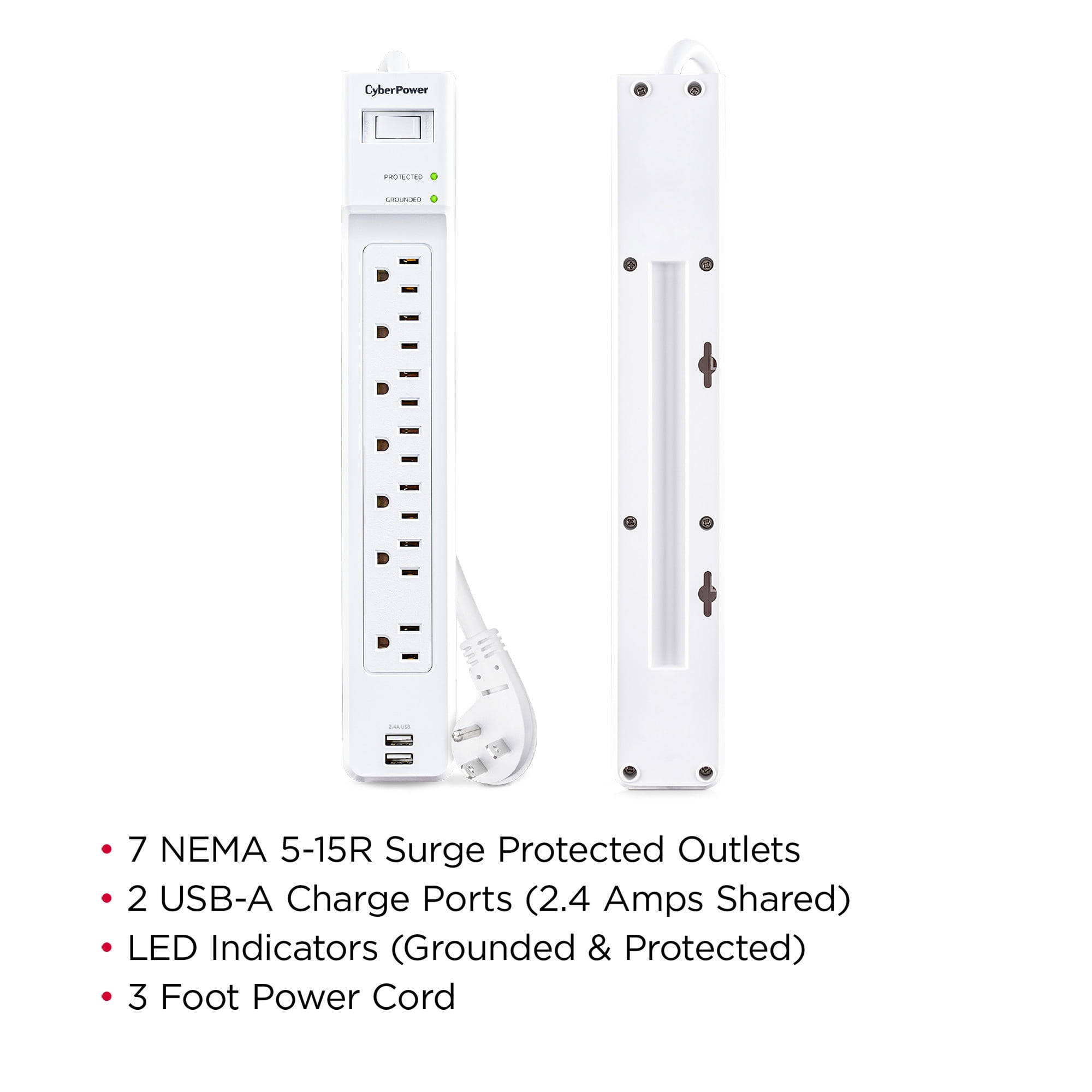 CyberPower P703URC1 - 2000 Joule White Surge Protector Power Strip with 2 USB-A Ports, 7 Outlets and 3 ft Extension Cord