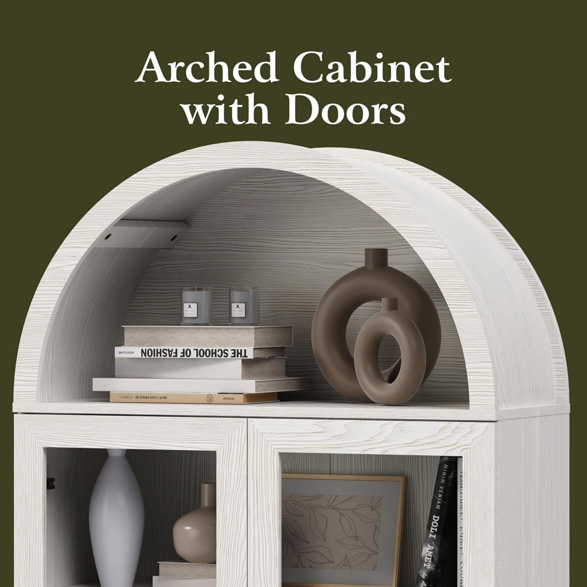 71 Inch Arched Cabinet with Glass Sliding Doors, Fluted Tall Pantry Cabinet with Adjustable Shelves, White