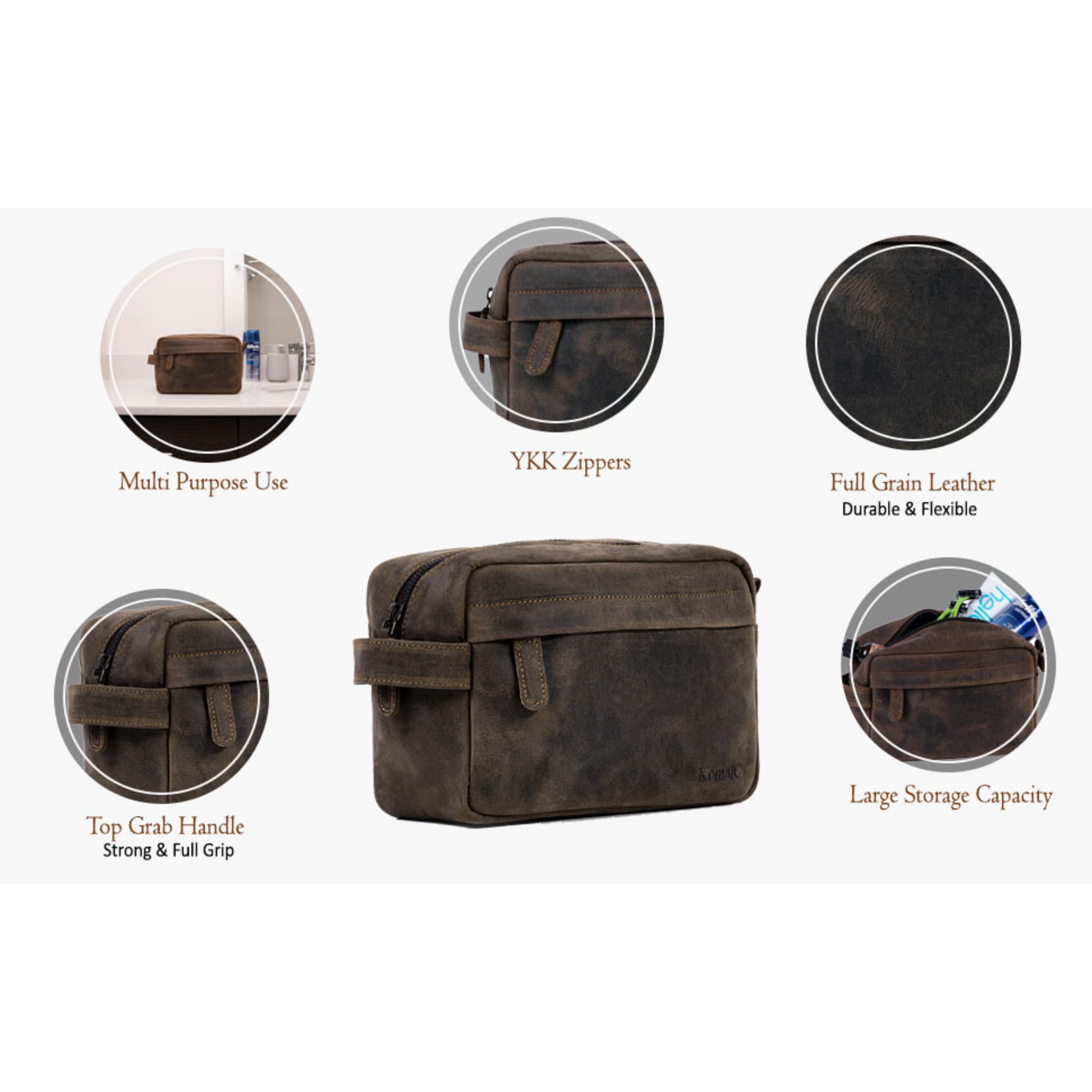 Genuine Buffalo Leather Toiletry Bag for Men & Women – Travel Dopp Kit, Vanity & Grooming Organizer