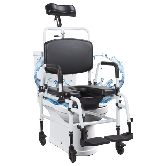 Shower Chair with Wheels | Multifunctional Bedside Commode Chair | Angle Adjustable Shower Commode Wheelchair with Headrest & Bucket for Elderly, Disabled, Adults