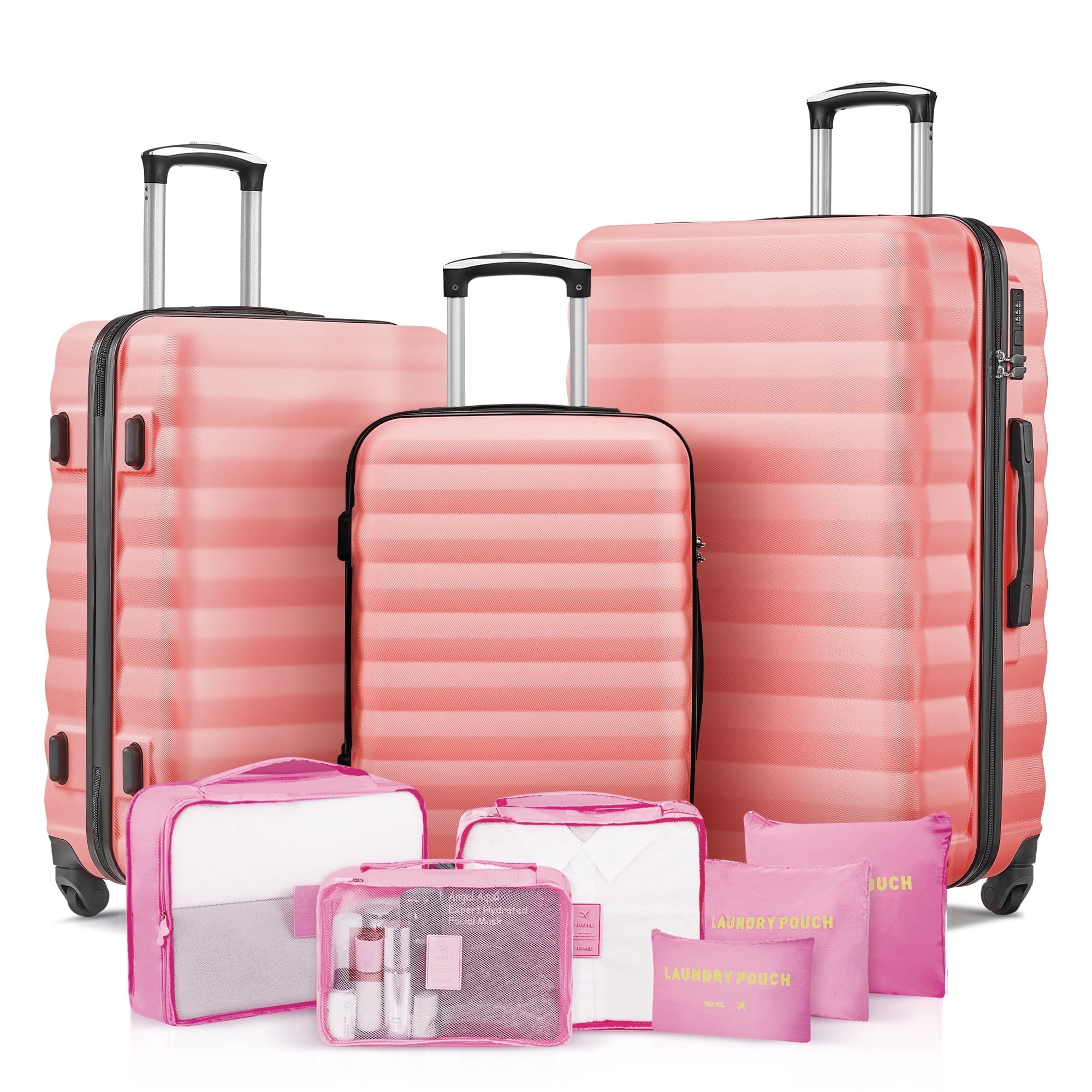 3 Piece Luggage Sets with 6 PC Organize Bags Lightweight Suitcases with Spinner Wheels, Pink