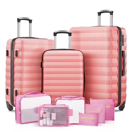 3 Piece Luggage Sets with 6 PC Organize Bags Lightweight Suitcases with Spinner Wheels, Pink