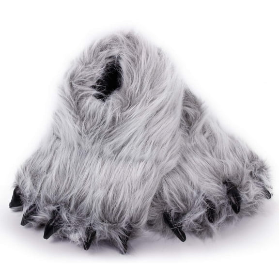 Cute Grey Fuzzy Animal Paw Slippers Fluffy Animal Claw Slippers Soft Funny Monster House Shoes for Adults Women for Vacation Birthday(Size:7.5)
