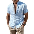thumbnail image 3 of Men's Casual Button Up Shirt Polyester Blend | Short Sleeve Stand Collar With Breathable Fabric Beach Shirt | Sun Protection Vacation Tops Comfortable Daily | Zenithor,Sky Blue L, 3 of 9