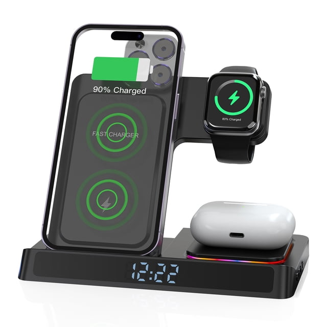 5-In-1 Digital Alarm Clock With Wireless Charging For IPhone 15/14/13, Foldable Charger Dock Station Compatible With AirPods Pro