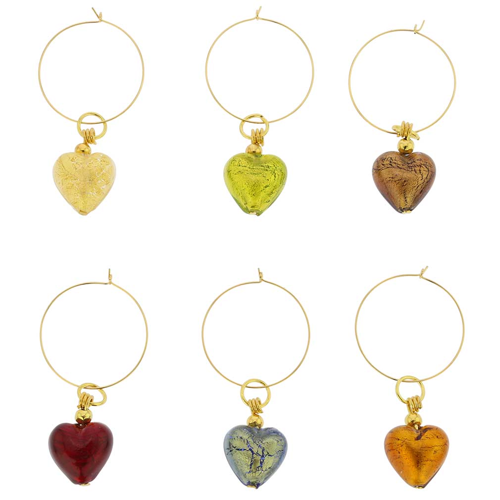 GlassOfVenice Murano Glass Heart Wine Glass Charms Set of 6