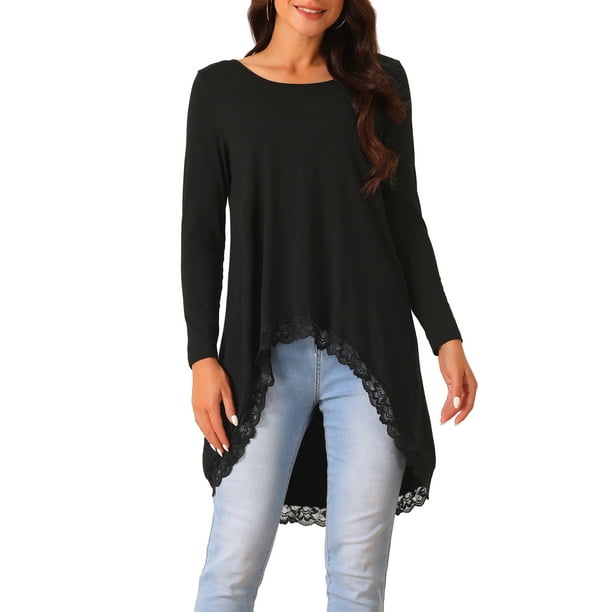 INSPIRE CHIC Women's High Low Tops Long Sleeve Lace Trim Crewneck Irregular Hem Flowy Blouse Tops Black XL