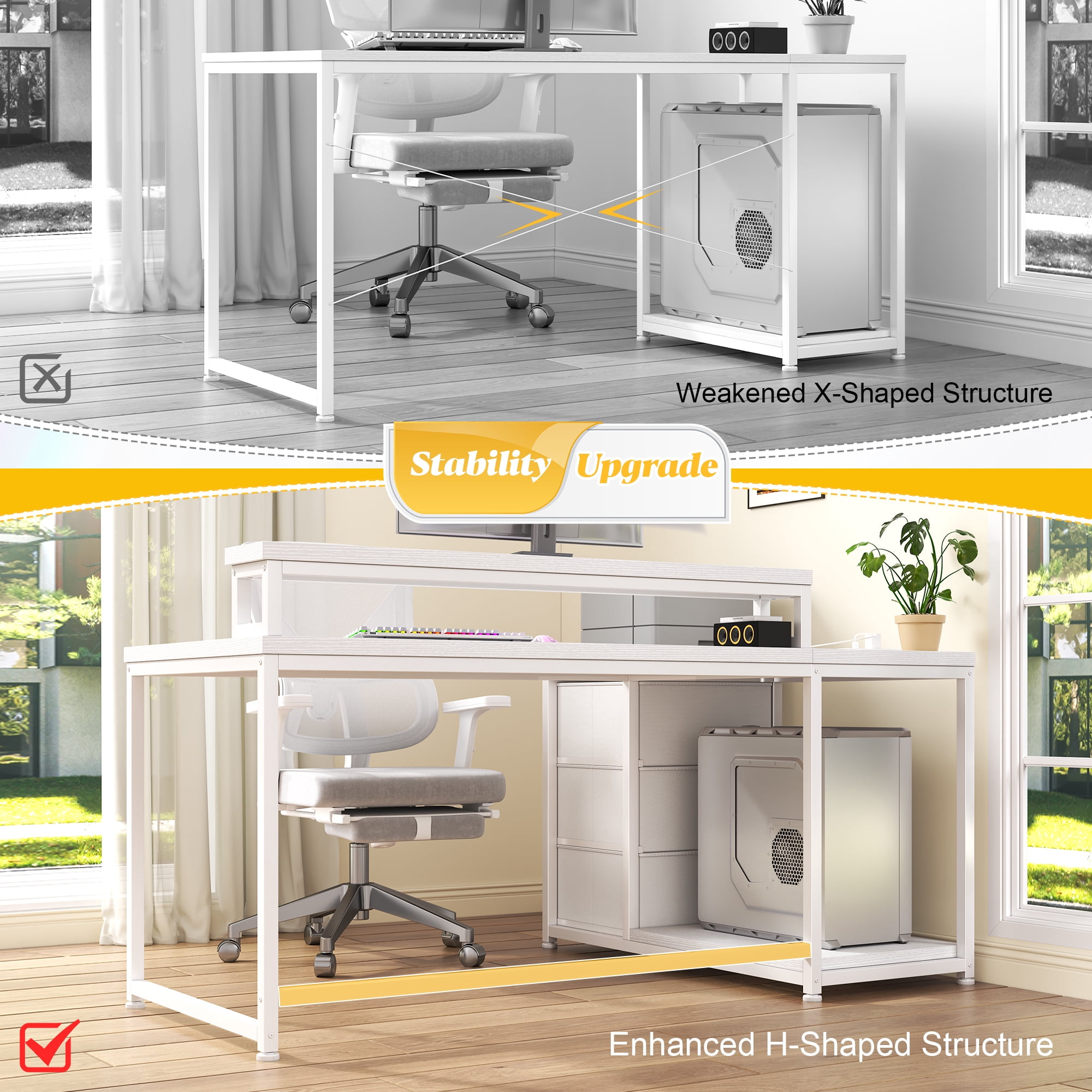 Romorgniz Computer Desk White Desk With Drawers l Shaped Desk with Monitor Stand Gaming Desk with LED Lights & Power Outlet for Gaming Room,Home Office,Bedroom,48"L x 32"W x 36"H