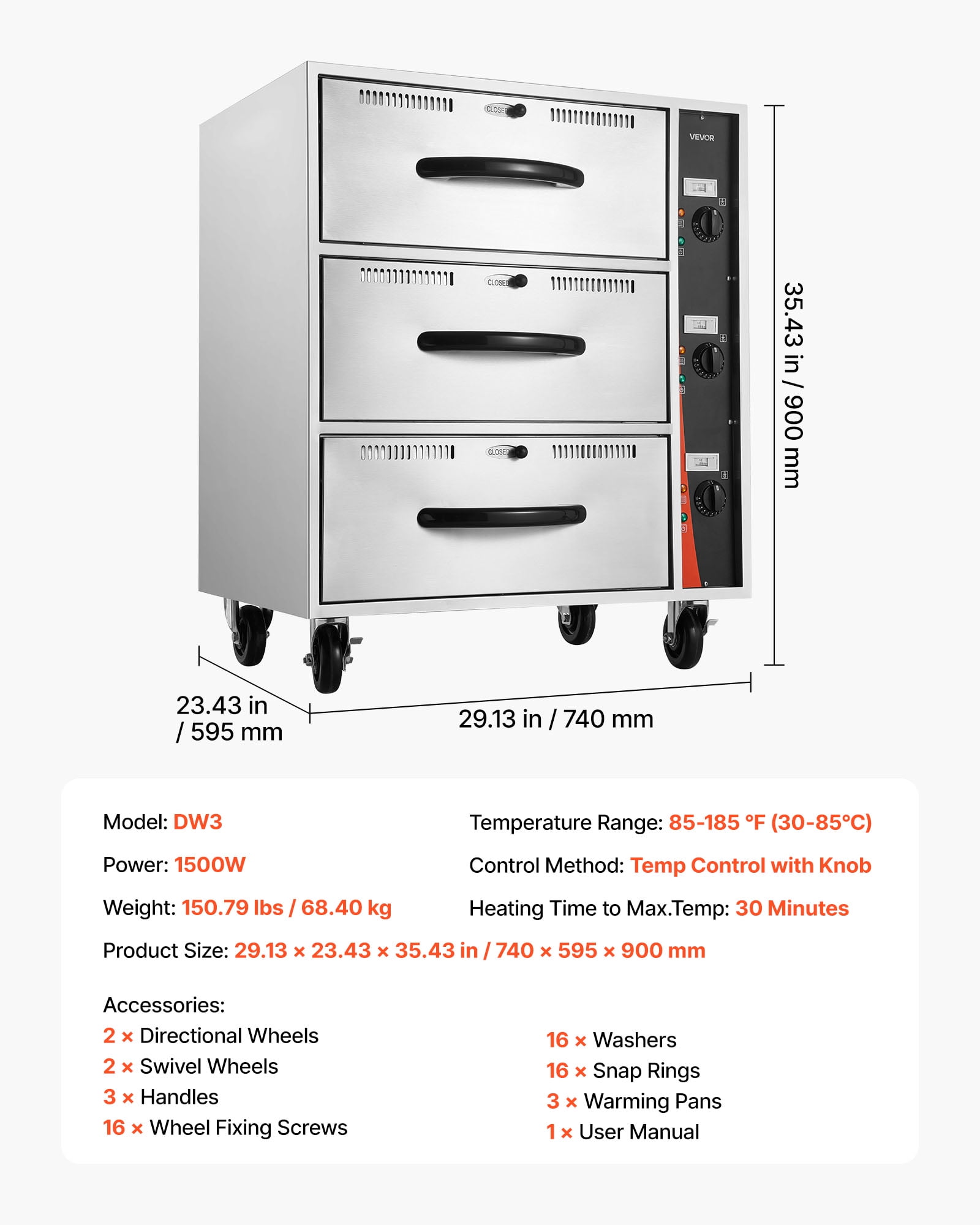 VEVOR Commercial Electric Drawer Warmer, Three-Drawer Stainless Steel Food Warmer, Freestanding Standard Warming Drawer Cabinet, 85°F–185°F Wide Temperature Range, for Restaurant, Hotel Buffet,Bakery