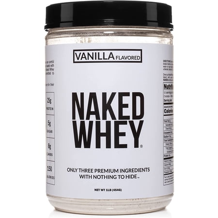 NAKED Nutrition Vanilla Whey Protein 1Lb, Only 3 Ingredients, All Natural Grass Fed Whey Protein Powder + Vanilla + Coconut Sugar- GMO-Free, Soy Free, Gluten Free. Aid Muscle Growth, 12 Servings