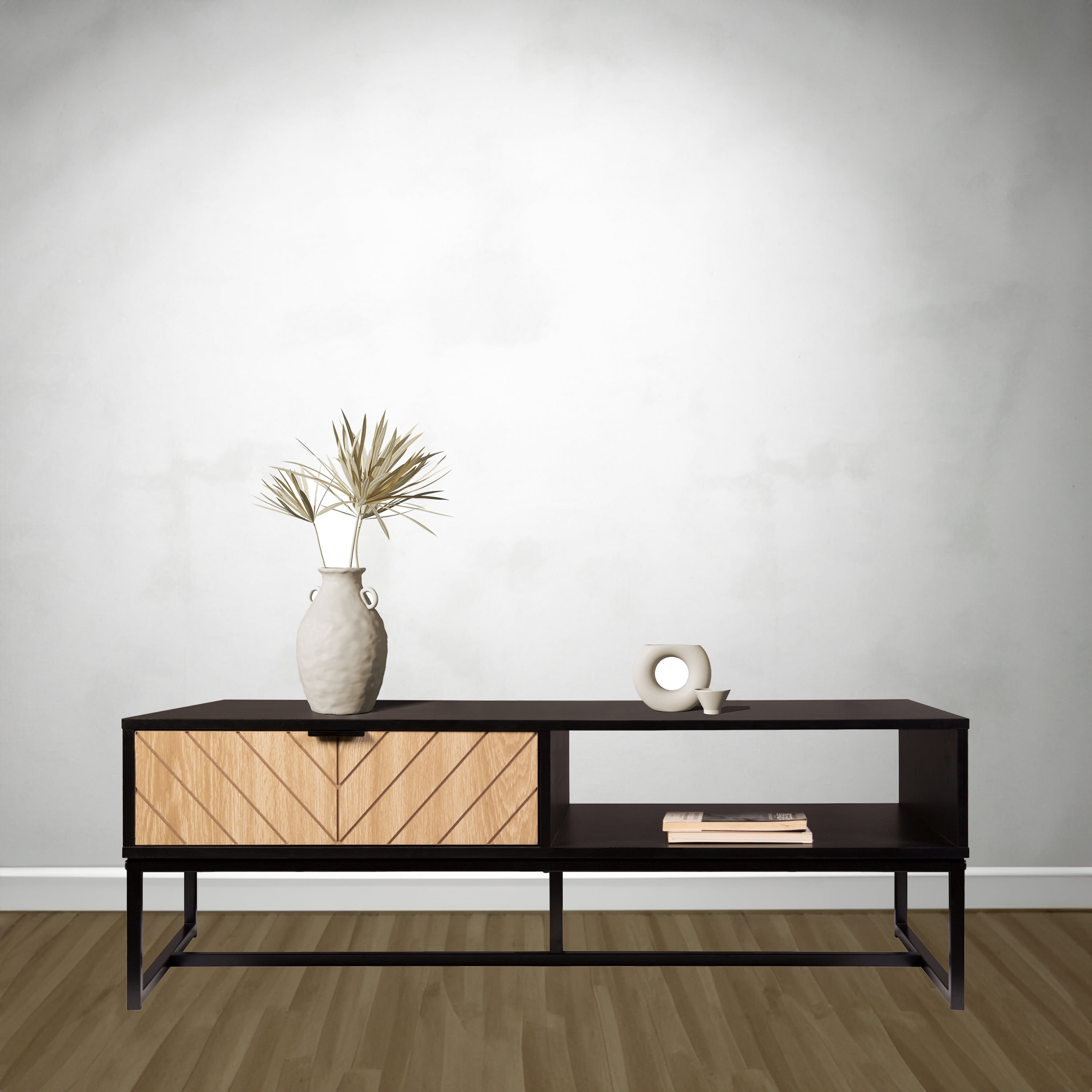 Bali Coastal Modern TV Stand with Storage Cubby and Natural Wood Drawer, Black