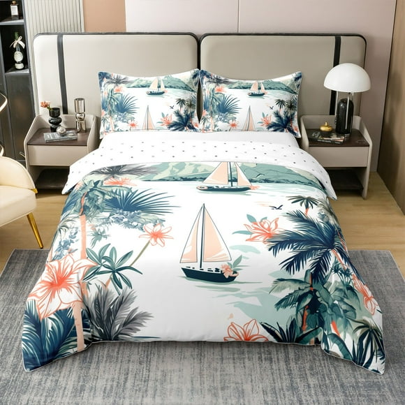 Erosebridal Tropical Palm Tree Floral 100% Cotton Duvet Cover King Size, Sailboat Bedding Sets King Size, Reversible 3-Piece (No Comforter)