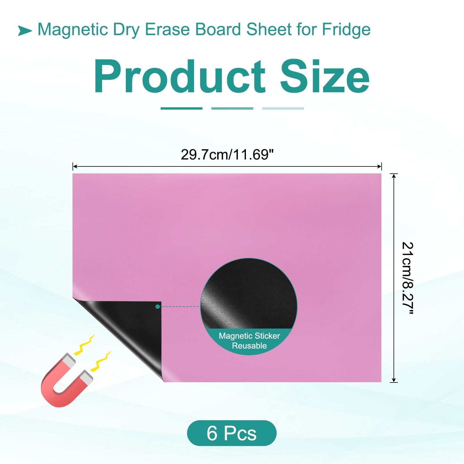 Uxcell Magnetic Dry Erase Board Sheet for Fridge, 6 Pcs 12 x 8 Inch Erasable Refrigerator Whiteboard for Kitchen for Home Kitchen Organizer Planner Office Storage, Pink (0.6mm)