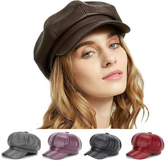 Cheers.US Women Girls Lady Beret Cap Faux Leather Adjustable Octagon Faux Leather Hats for Party Daily Dress