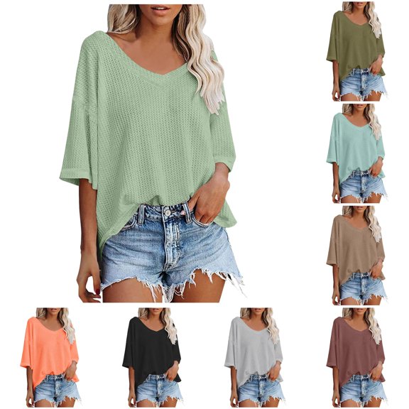 Tanghaowl Womens T Shirts, Women V Neck Batwing Half Sleeve Knit Loose Shirt Solid Color Top Casual Tee Mint Green XXL