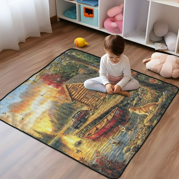 WOBOGO Lakeside Lodge Baby Playmats Extra Large Waterproof Rollable Activity Pads for Toddlers 50×50inch