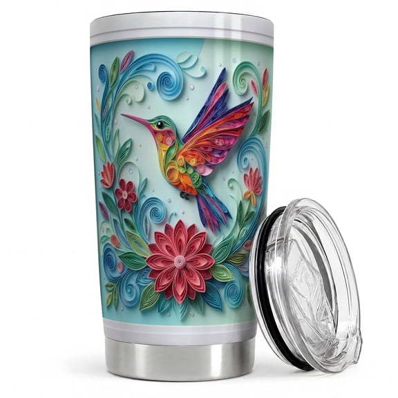 Quilled Hummingbird Floral 20oz Tumbler, Hummingbird Lover Tumbler, Daily Coffee Cup, Rainbow Wing Bird With Paper Swirl Flowers, Mint Garden Art, Nature Birdwatcher Women And Men