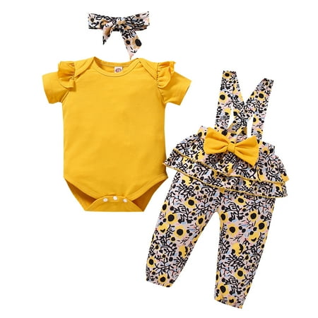 

DNDKILG Infant Baby Toddler Girl Floral Bodysuit and Bow Suspender Pants Set Long Sleeve Clothing Set Bow Outfits with Headband Yellow 0-18M