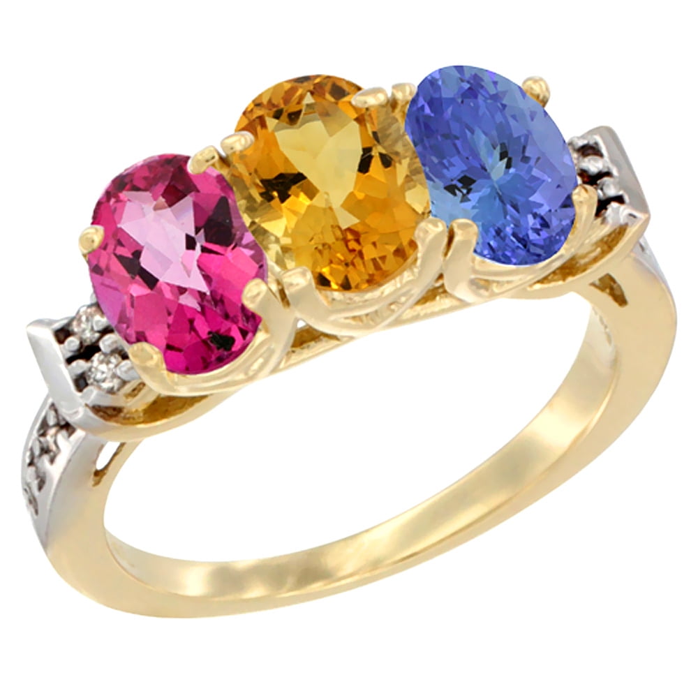 14K Yellow Gold Natural Pink Topaz, Citrine & Tanzanite Ring 3-Stone 7x5 mm Oval Diamond Accent, sizes 5 10 by WorldJewels