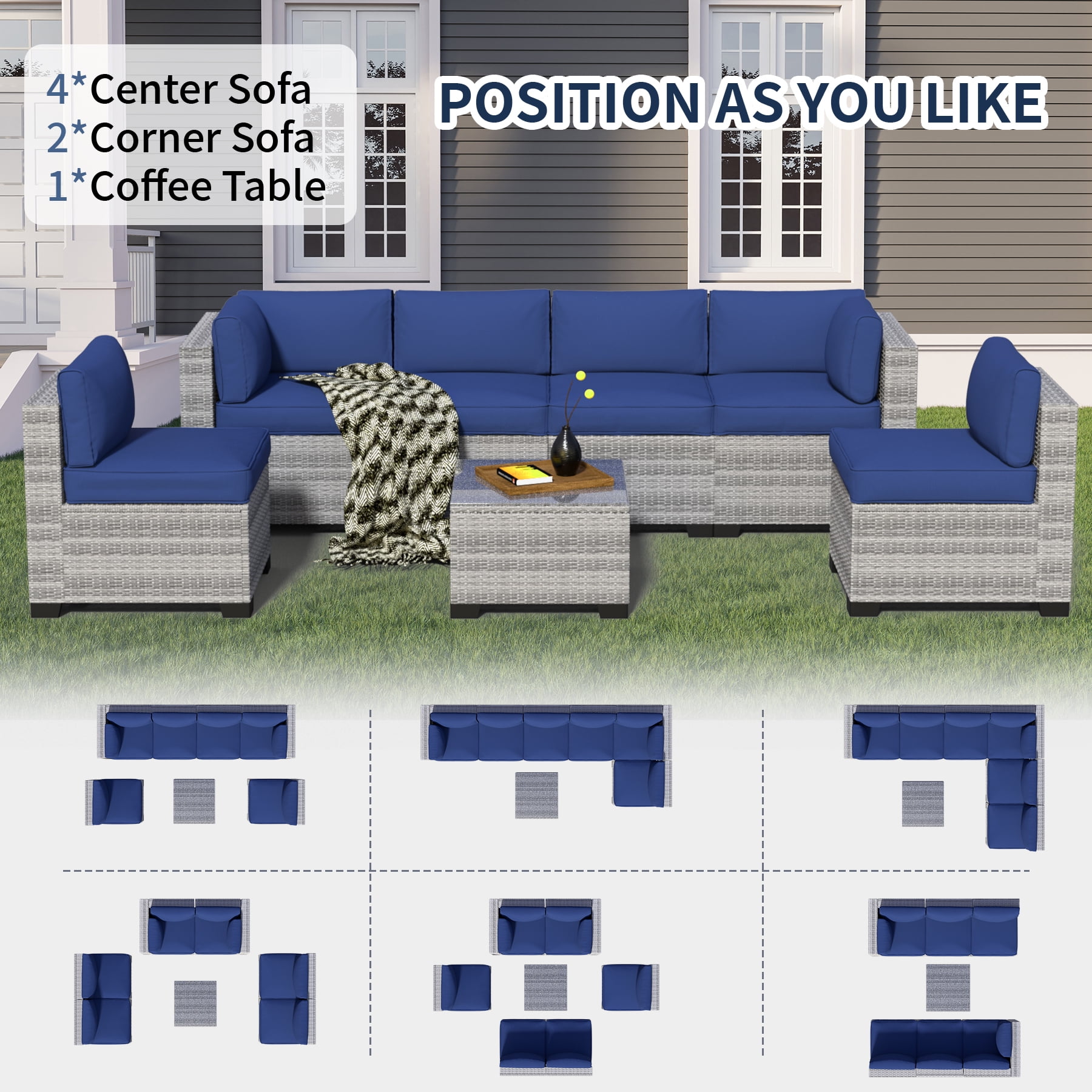 7-Piece Outdoor Patio Furniture Set, All-Weather Rattan Sectional Sofa with Waterproof Cushions & Tempered Glass Table, Perfect for Garden, Poolside, Backyard (Navy Blue)