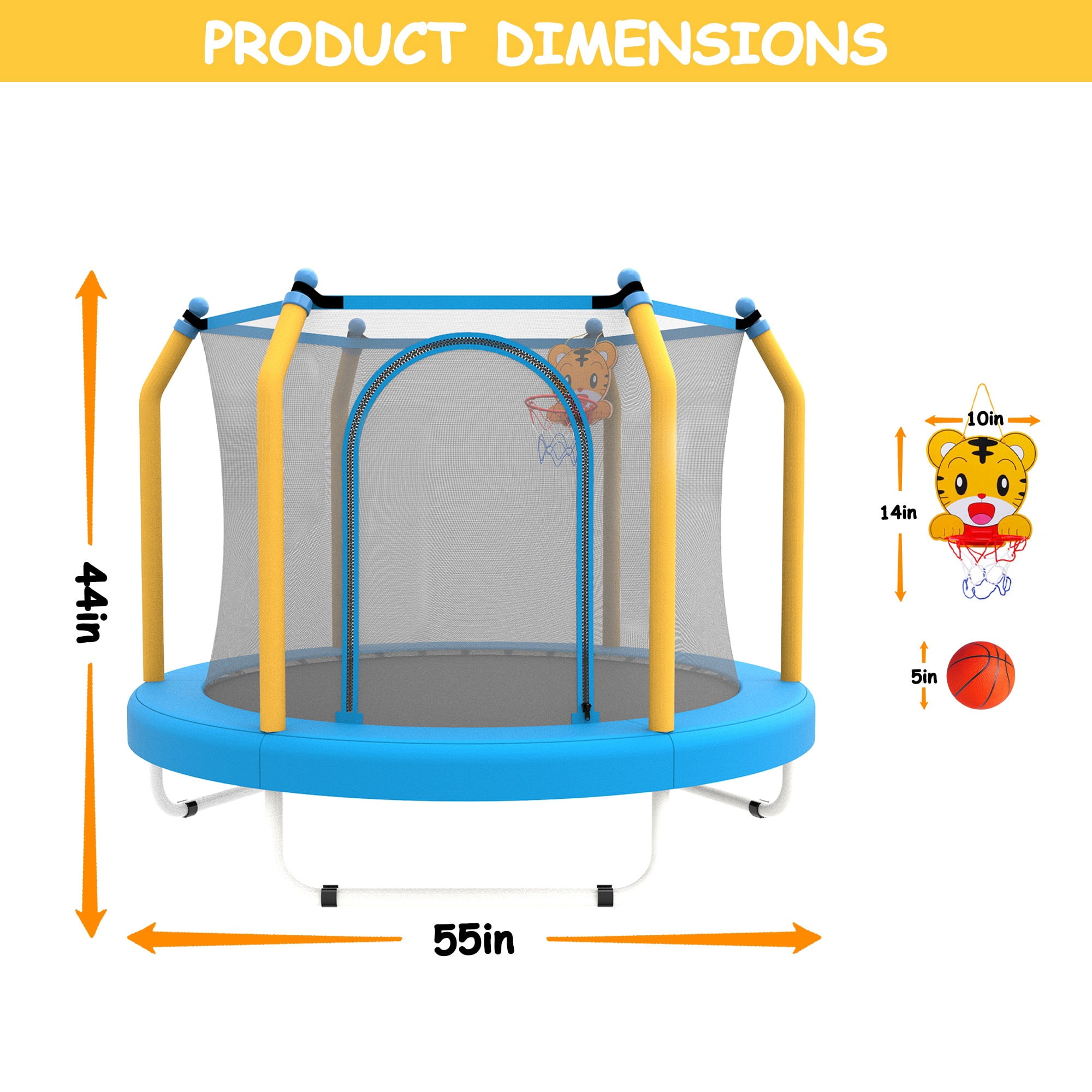BTMWAY 55" Toddler Trampoline with Safety Enclosure Net, Trampoline Indoor & Outdoor, Mini Trampoline for kids 1-8 with Basketball Hoop, Ball and Thick Foam Protection, Birthday Gifts for Boy & Girl