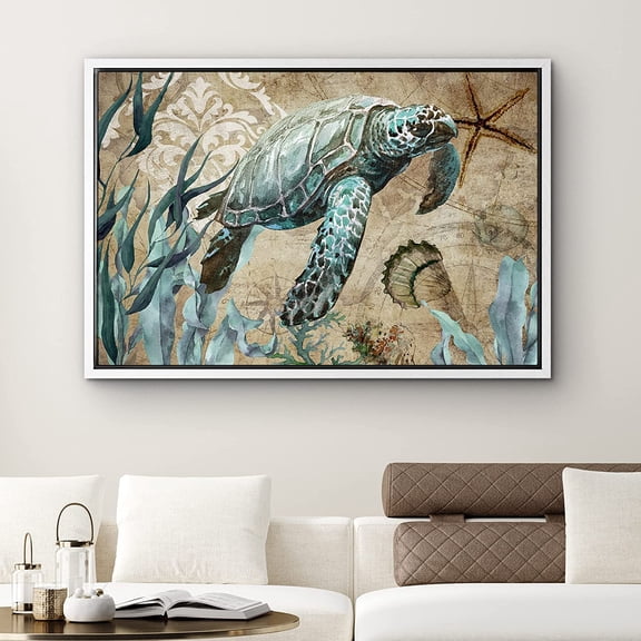 PixonSign Framed Canvas Print Wall Art Green Turtle Swims with Starfish Animals Ocean Illustrations Modern Art Beach Relax/Calm Multicolor Ultra for Living Room, Bedroom, Office - 24"x36" White