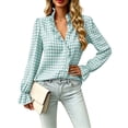 thumbnail image 6 of Feancey Womens Ruffle Button Down Shirts Plaid Casual Long Sleeve Stand Collar Blouse Dressy Trendy Gingham Work Shirt Birthday Gift Light Blue L, 6 of 10