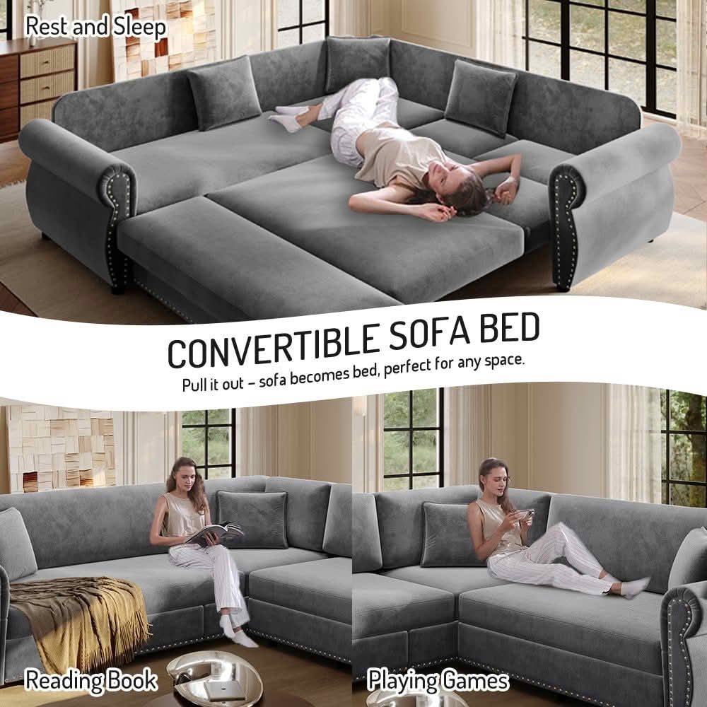 MAYEERTY 88.2" L‑Shaped Convertible Pull‑Out Sofa Bed, Chenille Sectional Couch with Nailhead Trim & Rolled Arms, Multifunctional Sleeper Sofa