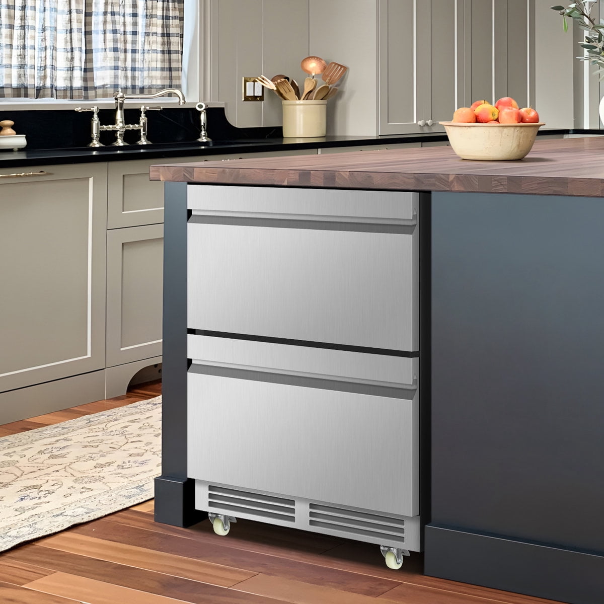 24-Inch Beverage Refrigerator Freestanding Or Built-In With Recessed Handle, Drawer Cooler, Under Counter, Locking Swivel Casters, Led Light, And Grid Organizer Home & Commercial Use