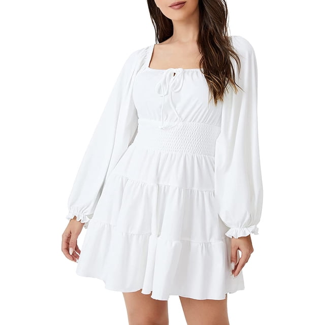Vestido corto de manga larga con volantes y cuello cuadrado para mujer Blanco M Blanco M Xishao ropa