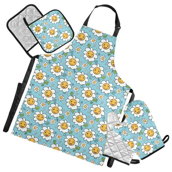 Happy Face Daisies Flower 5 Pcs Kitchen Set Heat Resistant Oven Mitts and Non-Slip Pot Holders with Adjustable Cooking Apron