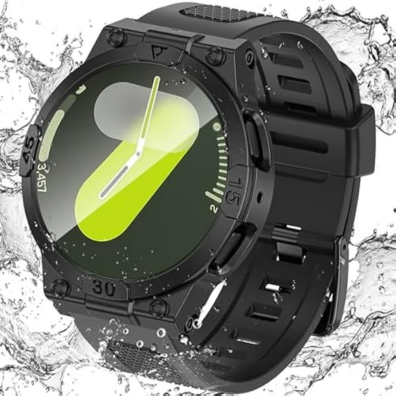 wonima88 3 in 1 Waterproof Case and Band for Samsung Galaxy Watch 7 44mm, 360° Protective Hard PC with Tempered Glass Screen Protector for Galaxy Watch Cover Bumper Accessories, Black